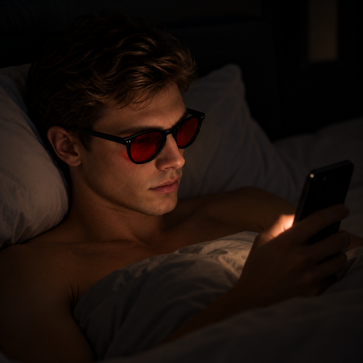Homme portant des Lens Night au lit devant son téléphone